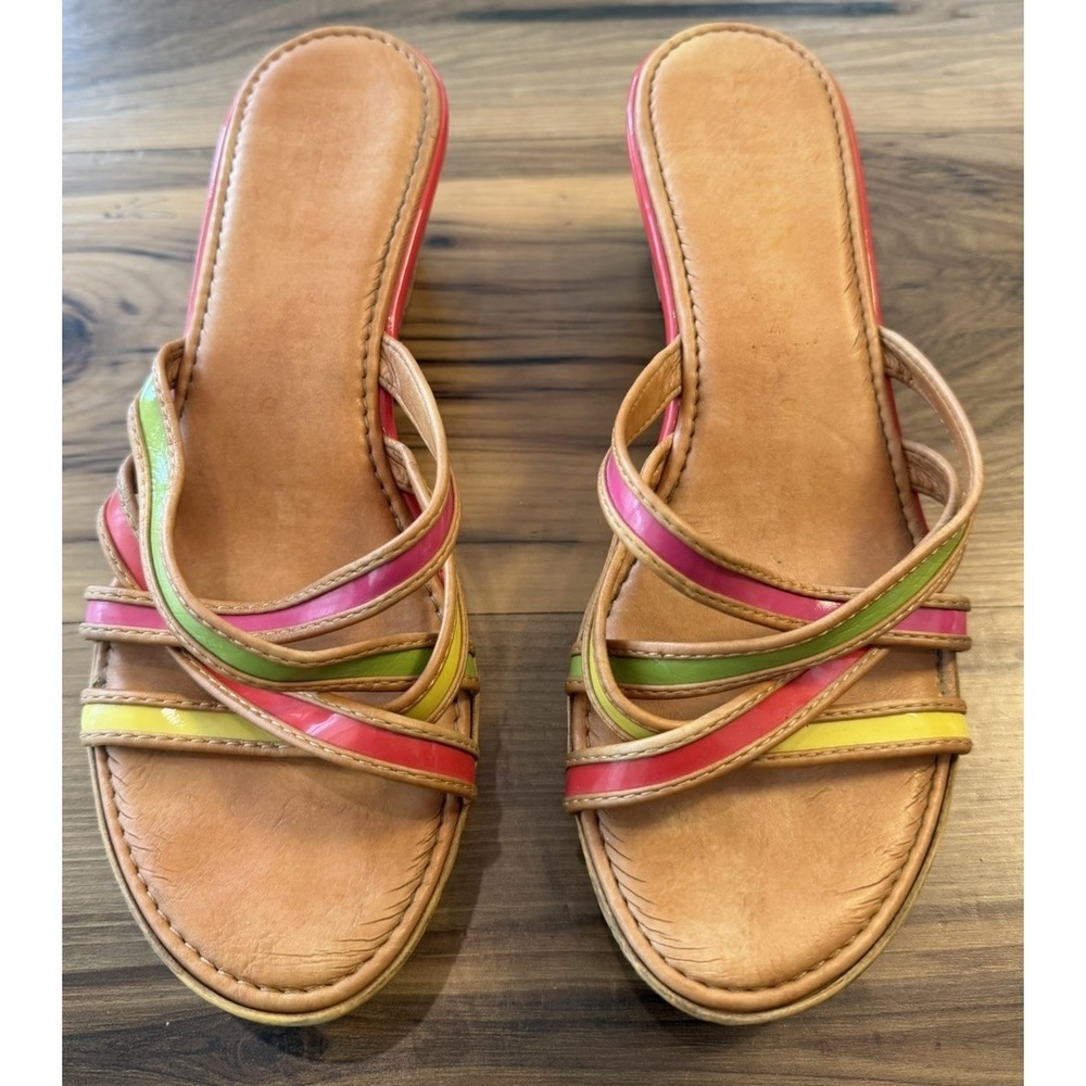 Vtg Italian Shoemakers Wedge Sandals Strappy Multicolor Boho Euro Festival Y2K